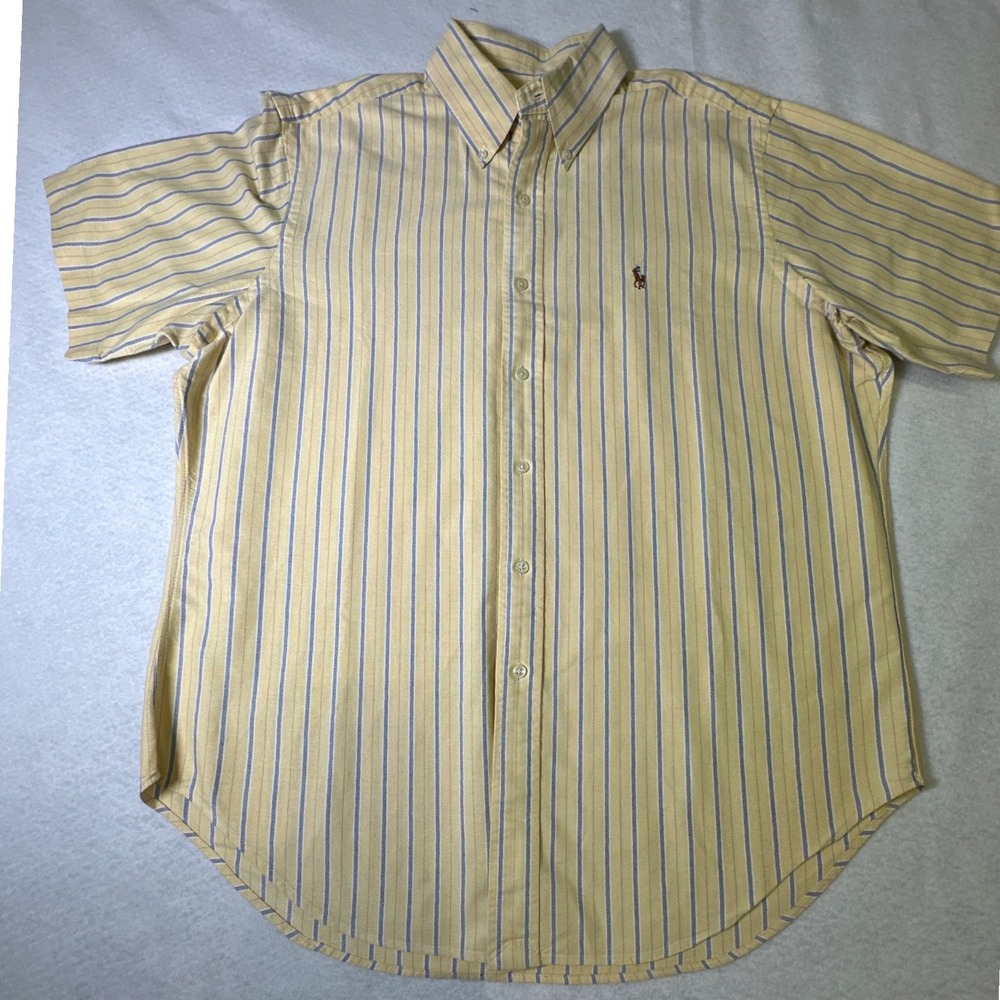 Ralph Lauren Shirt Mens L Yellow Striped Short Sleeve Cotton Classic Casual Prep